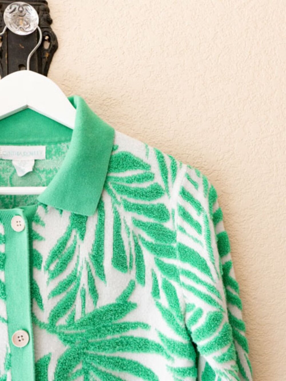 Cynthia Rowley Palm Leaf Cardigan Green White Tropical Sweater Medium - Picture 4 of 12